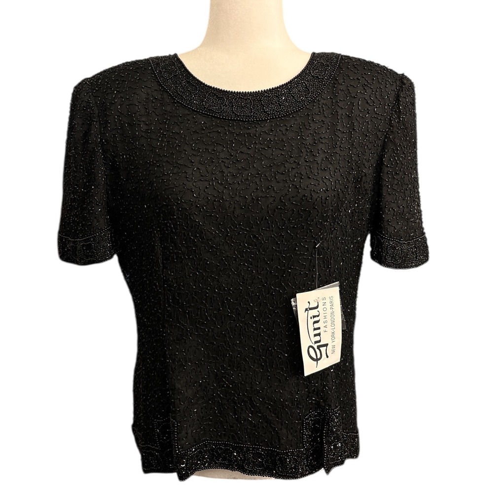 NEW Vintage Gunit Fashions Silk Beaded Top Black Short Sleeve Deadstock‎ Size L